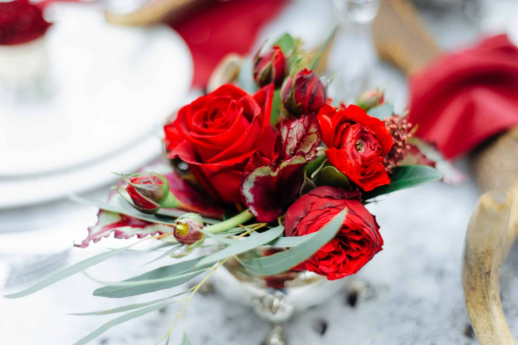 Winter Wedding decor with red roses